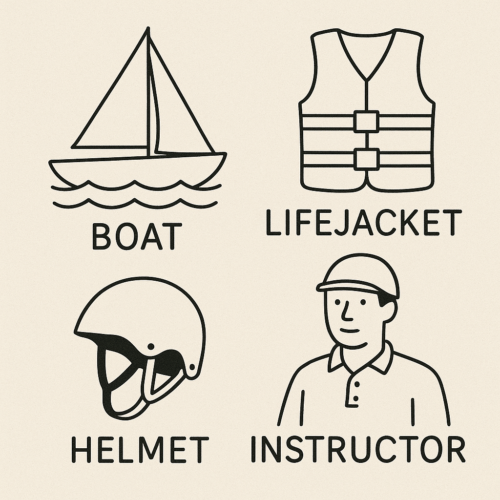 Boat, instructor, helmet, lifejacket