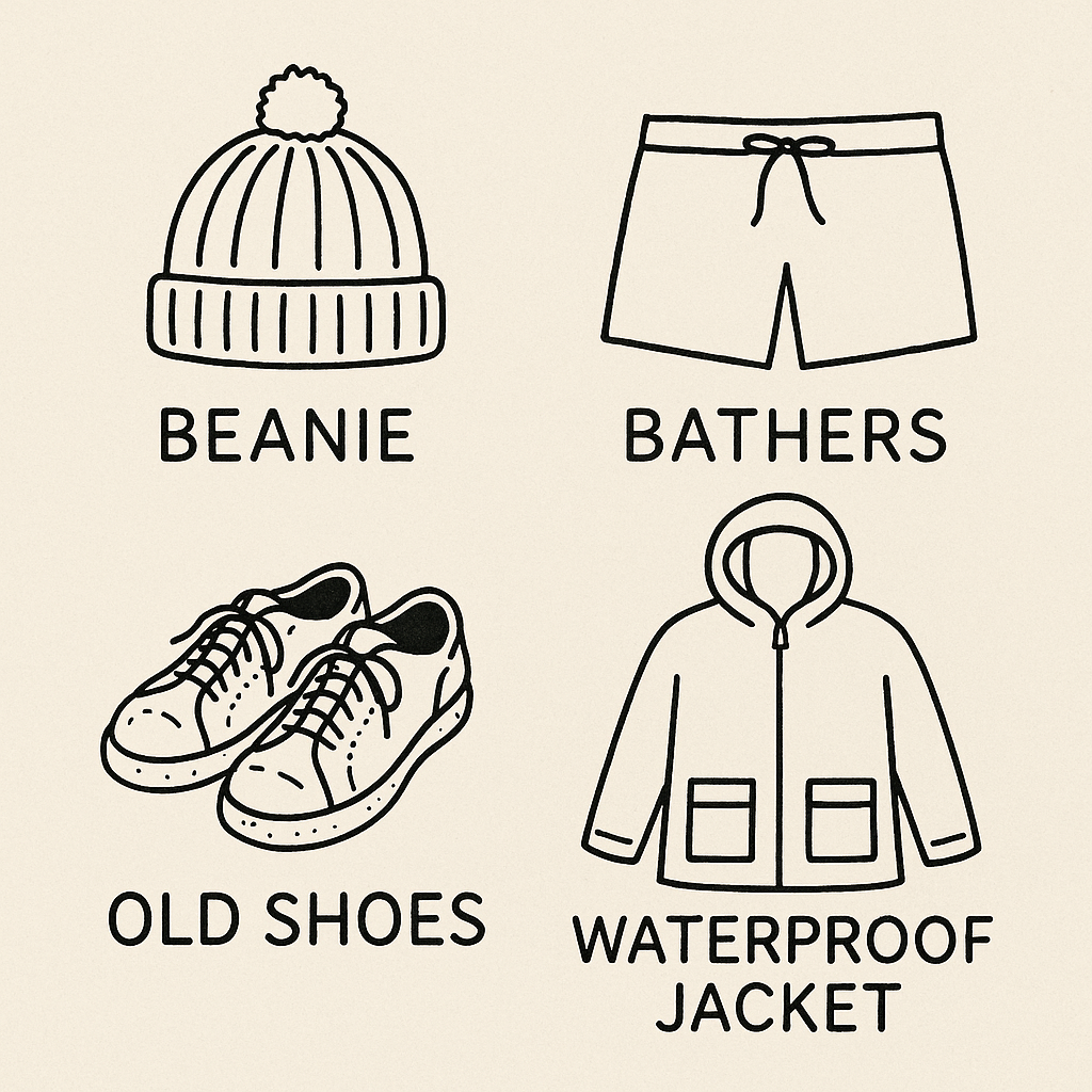 Bathers, waterproof jacket, old shoes, beanie